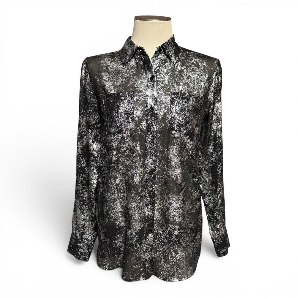 Michael Michael Kors Long Sleeve Sheer Blouse Top Black Silver Small